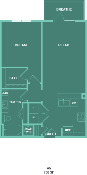 A floor plan of a house with labeled rooms such as "BREATHE", "DREAM", and "RELAX".
